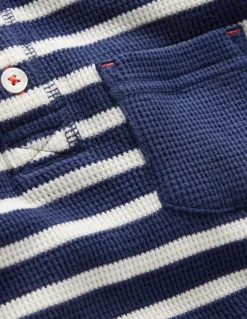 Cosy Waffle Henley T-Shirt-College Navy and Ivory Stripe-Boden Fashion
