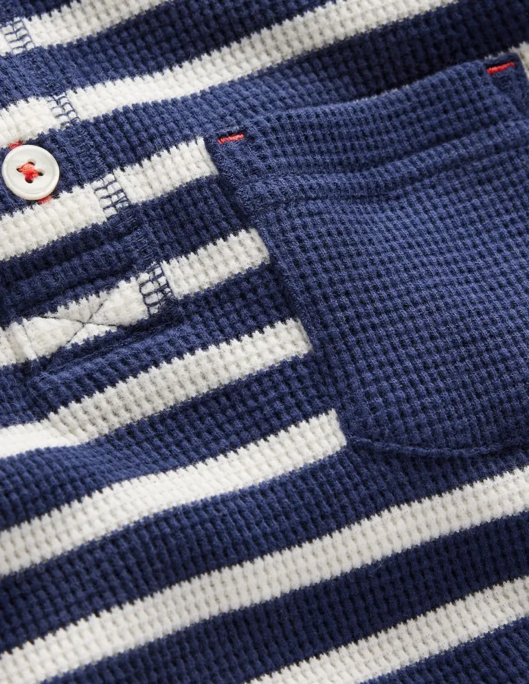 Cosy Waffle Henley T-Shirt-College Navy and Ivory Stripe-Boden Fashion