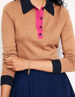 Cotton Blend Henley Sweater-Camel Melange-Boden Shop