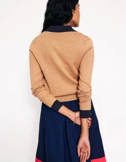 Cotton Blend Henley Sweater-Camel Melange-Boden Shop