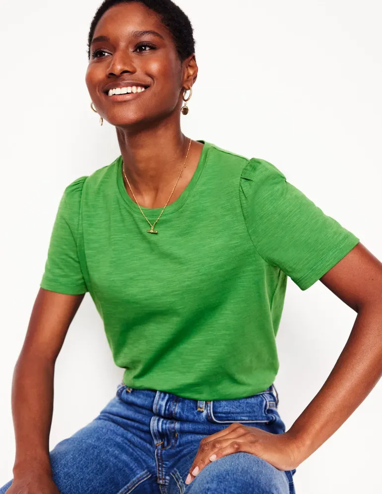 Cotton Puff Sleeve T-Shirt-Paradise Green-Boden Shop
