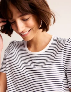 Cotton Puff Sleeve T-Shirt-Ivory, Navy Stripe-Boden Outlet