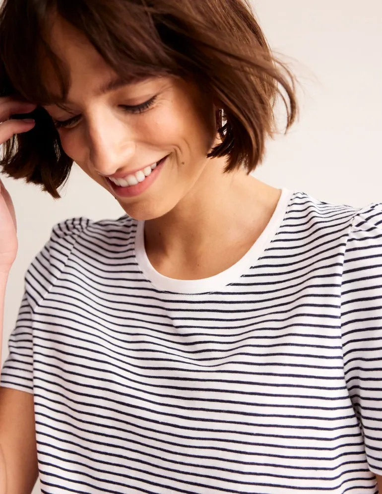 Cotton Puff Sleeve T-Shirt-Ivory, Navy Stripe-Boden Outlet