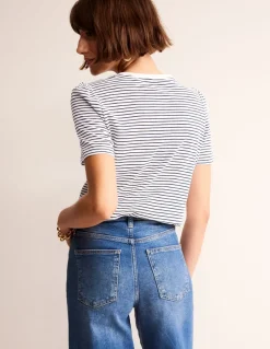 Cotton Puff Sleeve T-Shirt-Ivory, Navy Stripe-Boden Outlet
