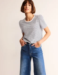Cotton Puff Sleeve T-Shirt-Ivory, Navy Stripe-Boden Outlet