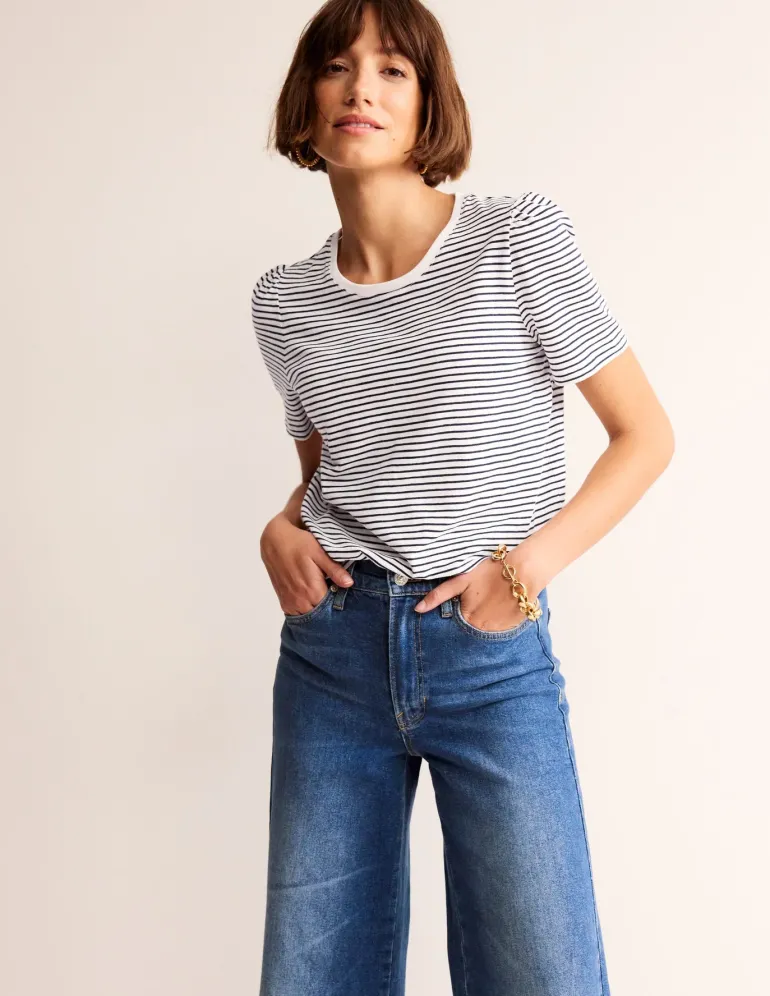 Cotton Puff Sleeve T-Shirt-Ivory, Navy Stripe-Boden Outlet