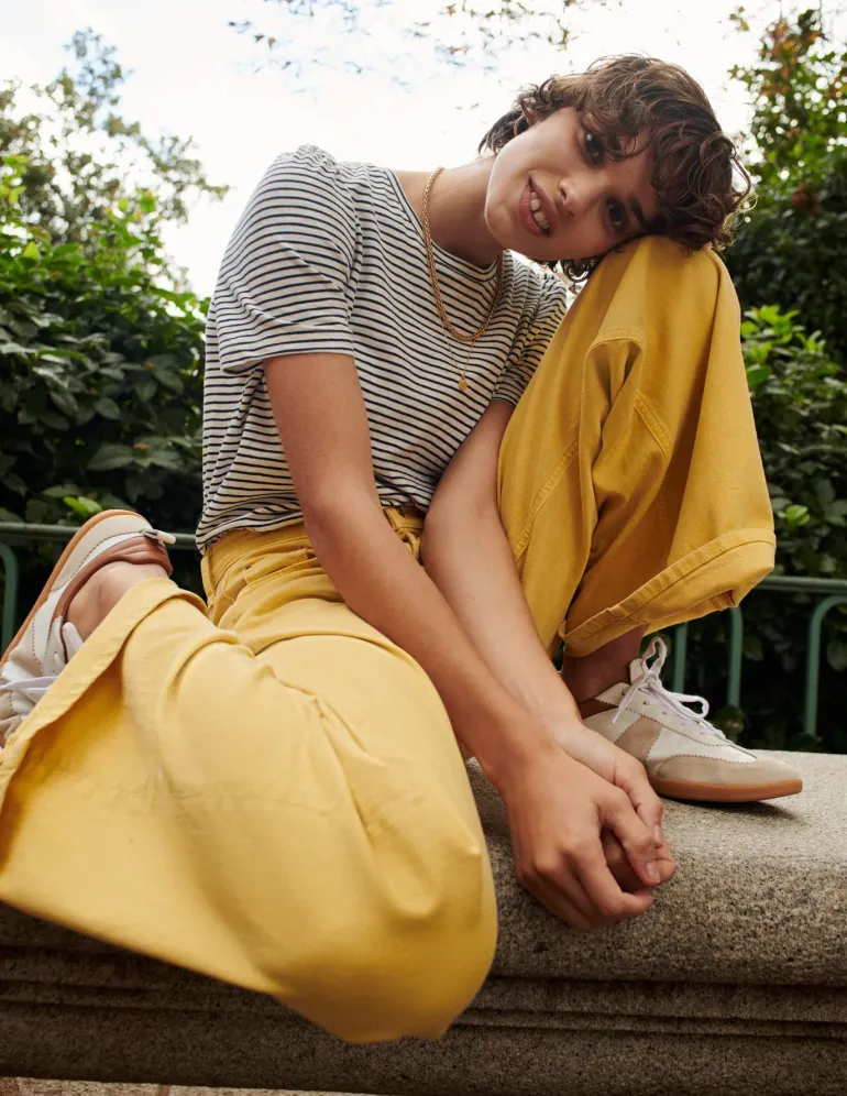 Cotton Puff Sleeve T-Shirt-Ivory, Navy Stripe-Boden Outlet