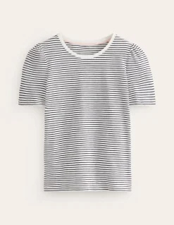 Cotton Puff Sleeve T-Shirt-Ivory, Navy Stripe-Boden Outlet