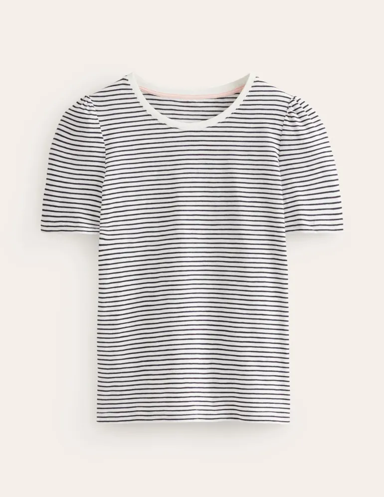 Cotton Puff Sleeve T-Shirt-Ivory, Navy Stripe-Boden Outlet
