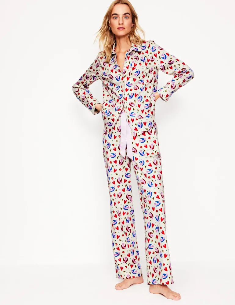 Cotton Sateen Pajama Shirt-Ivory, Heart Flutter-Boden Hot