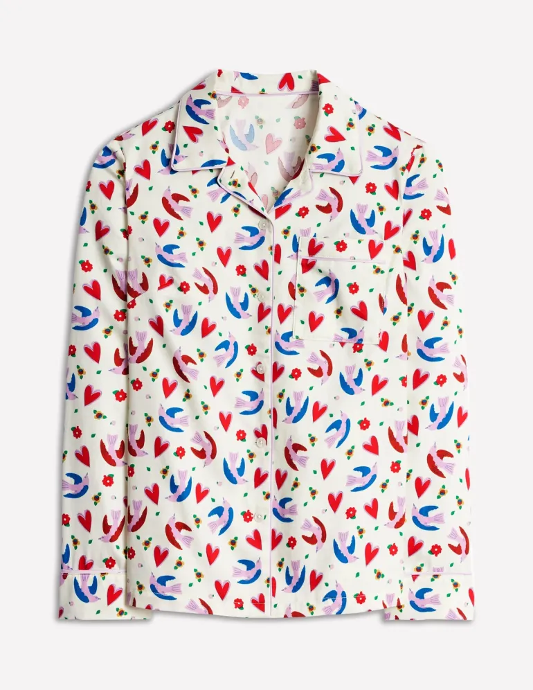Cotton Sateen Pajama Shirt-Ivory, Heart Flutter-Boden Hot