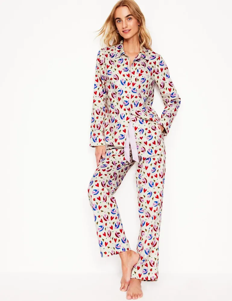 Cotton Sateen Pajama Trousers-Ivory, Heart Flutter-Boden Fashion