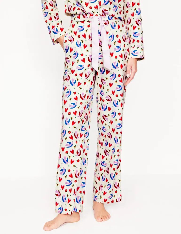 Cotton Sateen Pajama Trousers-Ivory, Heart Flutter-Boden Fashion