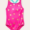 Cross-Back Printed Swimsuit-Fuchsia Pink, Gold Foil Spot-Boden Hot