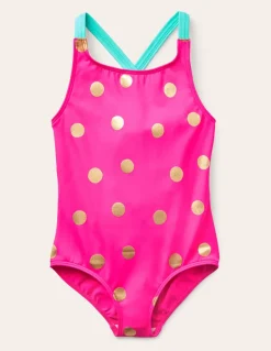 Cross-Back Printed Swimsuit-Fuchsia Pink, Gold Foil Spot-Boden Hot