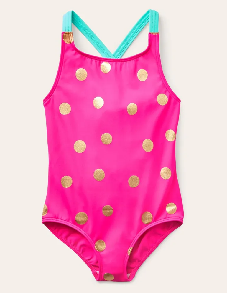 Cross-Back Printed Swimsuit-Fuchsia Pink, Gold Foil Spot-Boden Hot