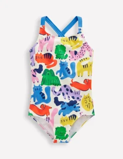 Cross-Back Printed Swimsuit-Multi Oatmeal Rainbow Pets-Boden Fashion
