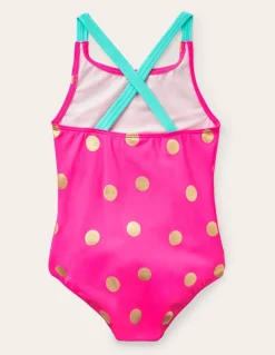 Cross-Back Printed Swimsuit-Fuchsia Pink, Gold Foil Spot-Boden Hot