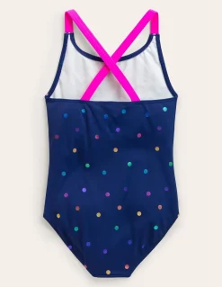 Cross-Back Printed Swimsuit-Navy, Rainbow Foil Confetti-Boden Flash Sale