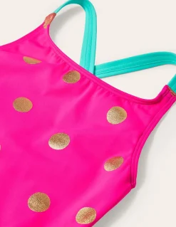 Cross-Back Printed Swimsuit-Fuchsia Pink, Gold Foil Spot-Boden Hot