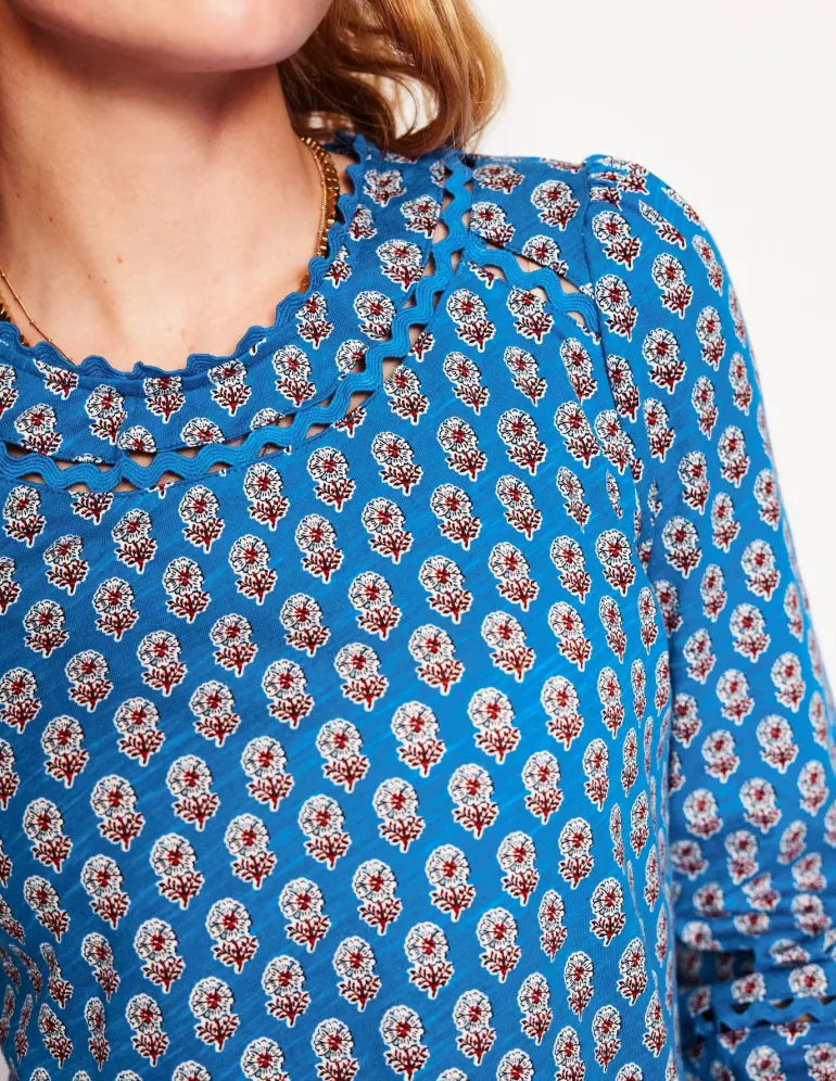 Daisy Long Sleeve Top-Gallery Blue, Camellia Stamp-Boden Flash Sale