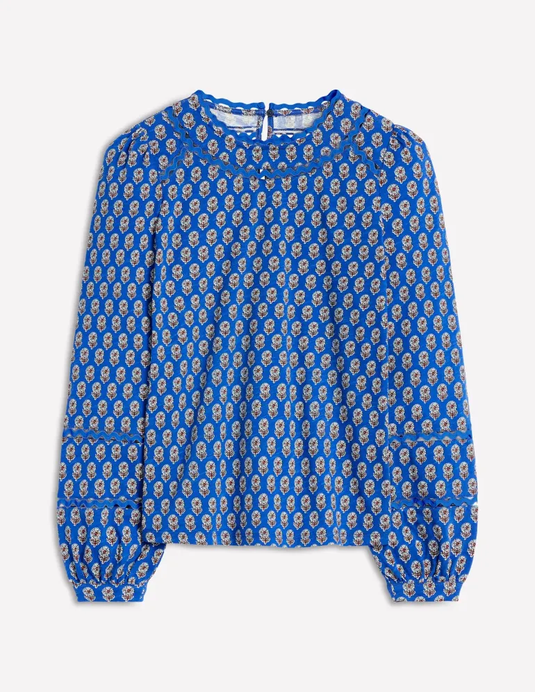 Daisy Long Sleeve Top-Gallery Blue, Camellia Stamp-Boden Flash Sale