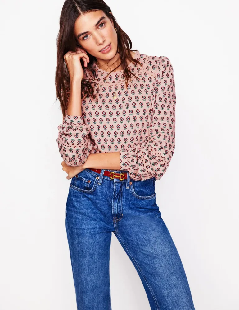 Daisy Long Sleeve Top-Milkshake, Camellia Stamp-Boden Cheap