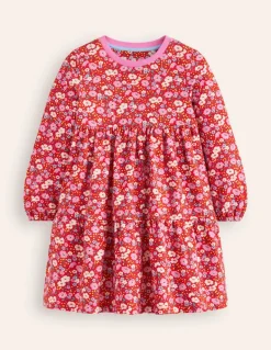 Dixie Tiered Sweatshirt Dress-Brilliant Red Flowerbed-Boden Hot