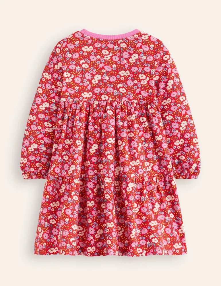 Dixie Tiered Sweatshirt Dress-Brilliant Red Flowerbed-Boden Hot
