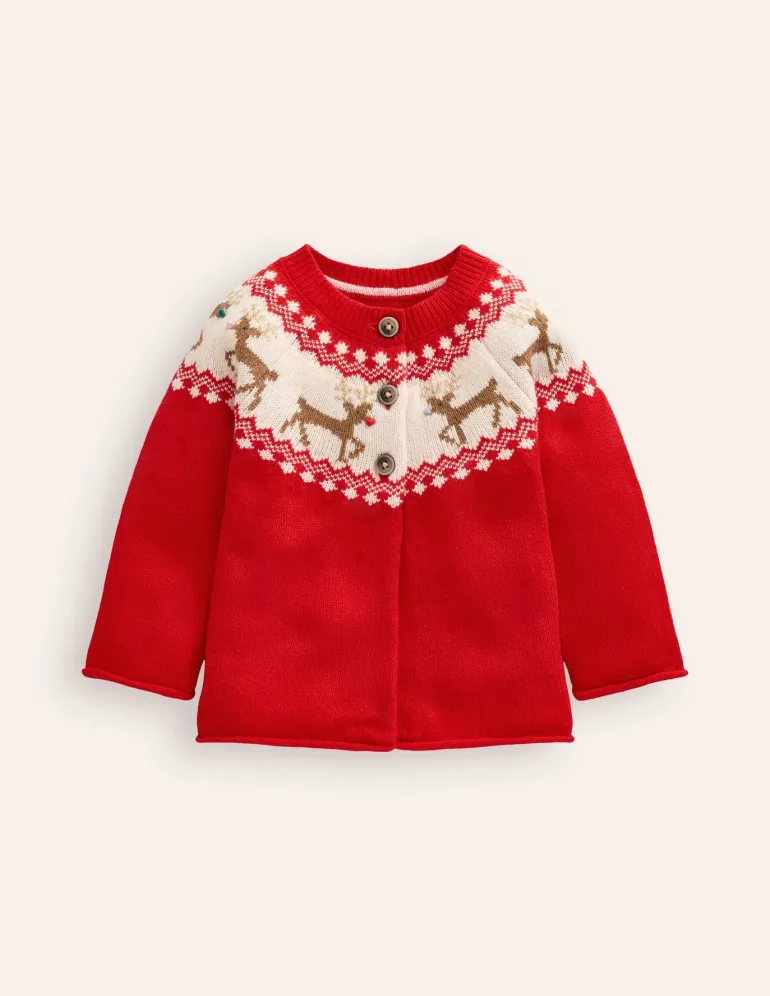 Edie Fair Isle Cardigan-Poppy red Reindeer-Boden Clearance