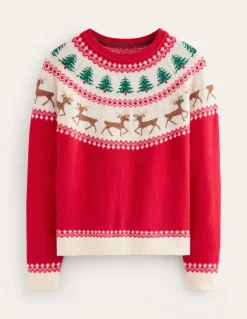 Edie Fair Isle Sweater-Red, Reindeers-Boden Cheap