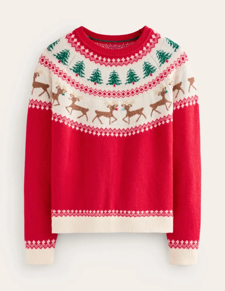 Edie Fair Isle Sweater-Red, Reindeers-Boden Cheap
