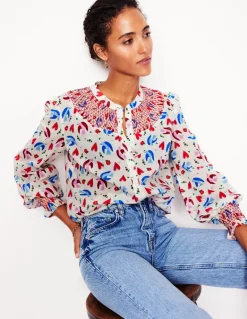 Effie Smocked Blouse-Ivory, Heart Flutter-Boden Shop