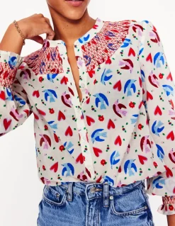 Effie Smocked Blouse-Ivory, Heart Flutter-Boden Shop