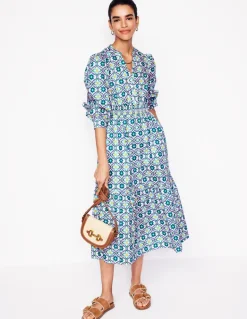 Elena Tiered Cotton Midi Dress-Multi, Floweret Tile-Boden Fashion