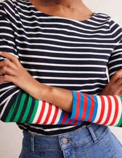 Ella Long Sleeve Breton-French Navy, Ivory Multi Cuff-Boden Best