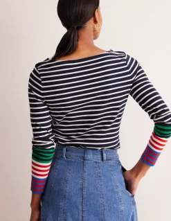 Ella Long Sleeve Breton-French Navy, Ivory Multi Cuff-Boden Best