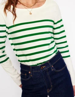 Ella Long Sleeve Breton-Ivory, Rich Emerald-Boden Sale