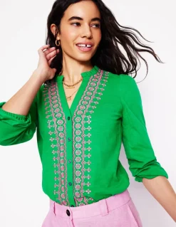 Embroidered Frill Neck Blouse-Rich Emerald-Boden Discount