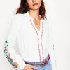 Embroidered Frill Neck Blouse-White, Multi Floral Embroidery-Boden Shop