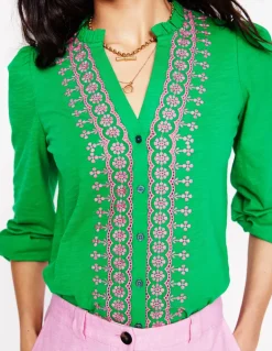 Embroidered Frill Neck Blouse-Rich Emerald-Boden Discount