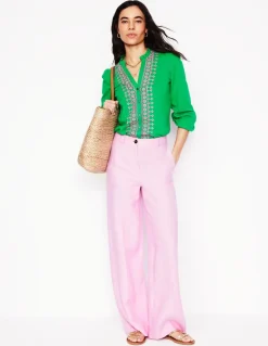 Embroidered Frill Neck Blouse-Rich Emerald-Boden Discount