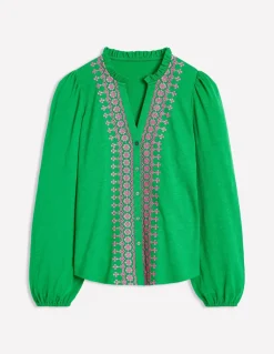 Embroidered Frill Neck Blouse-Rich Emerald-Boden Discount