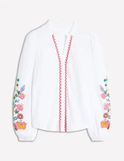 Embroidered Frill Neck Blouse-White, Multi Floral Embroidery-Boden Shop