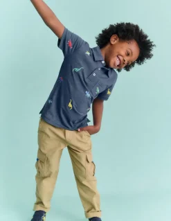 Embroidered Slub Polo Shirt-Multi Dinosaurs-Boden Online