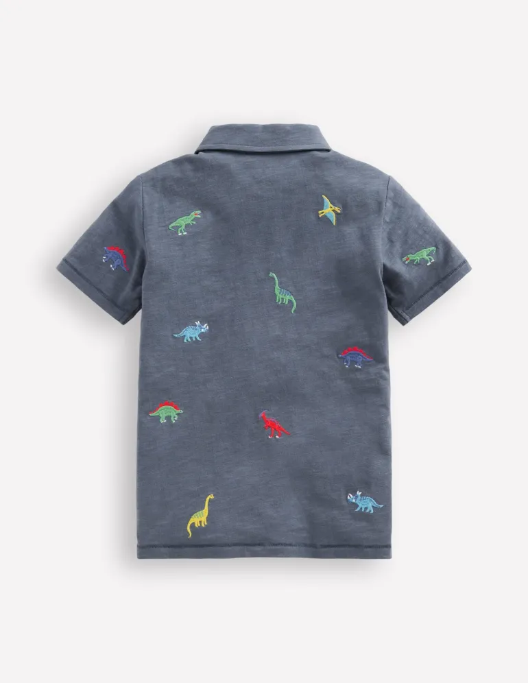 Embroidered Slub Polo Shirt-Multi Dinosaurs-Boden Online