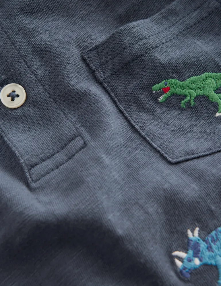 Embroidered Slub Polo Shirt-Multi Dinosaurs-Boden Online