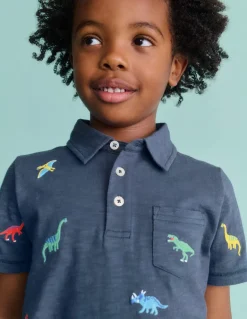 Embroidered Slub Polo Shirt-Multi Dinosaurs-Boden Online