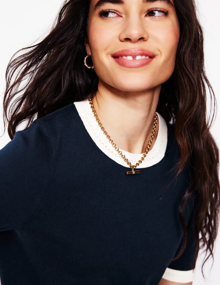 Emilia Cotton Crew T-shirt-Navy, Warm Ivory-Boden Cheap