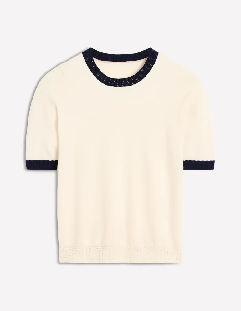 Emilia Cotton Crew T-shirt-Warm Ivory, Navy-Boden Best Sale